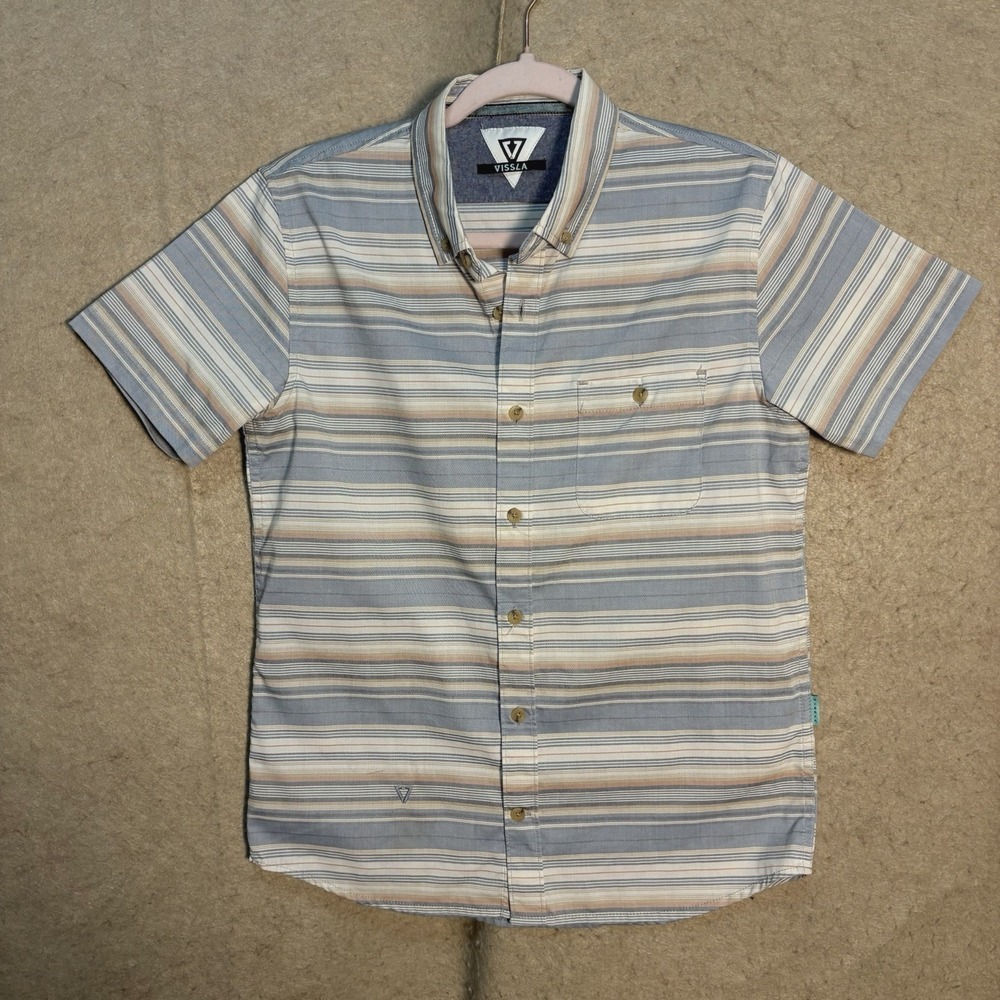 Vissla Button Down Shirt Boys Sz L Blue Striped Pocket Short Sleeve